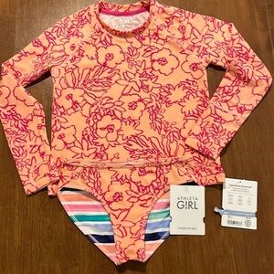 NWT Athleta Girl Long Sleeve Rashguard and matching bikini bottoms Size 7.